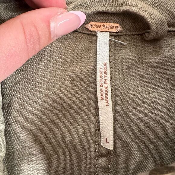 Free People Moonchild Distressed Denim Olive Green Raw Hem Jacket | Size Large - Picture 8 of 8